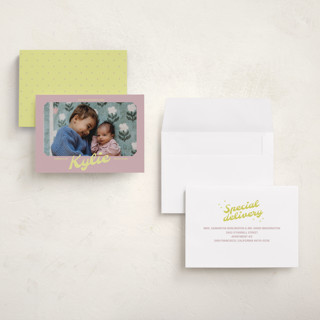 This is a mauve petite birth announcements with standard by Inkblot Design called retro printing on signature in petite
