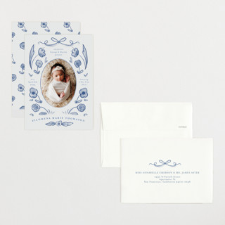 This is a delft blue petite birth announcements with standard by Ani Somi called painted flowers printing on signature in petite