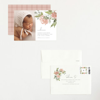 This is a peach petite birth announcements with standard by Stacey Meacham called watercolor bouquet printing on recycled smooth signature in petite