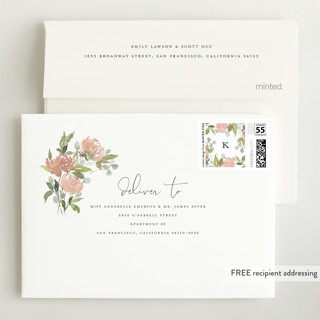This is a peach petite birth announcements with standard by Stacey Meacham called watercolor bouquet printing on recycled smooth signature in petite