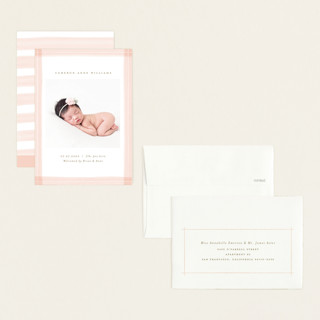 This is a blush petite birth announcements with standard by Michelle Taylor called trimmings printing on recycled smooth signature in petite