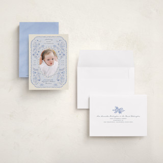This is a delft petite birth announcements with standard by Grae called porcelain and lace printing on signature in petite
