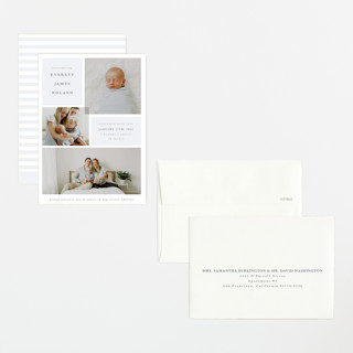 This is a dusty blue petite birth announcements with standard by Julie Murray called love multiplies printing on recycled smooth signature in petite