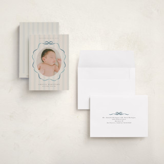 This is a lagoon petite birth announcements with standard by Lori Wemple called bows and stripes printing on signature in petite