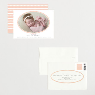 This is a peach petite birth announcements with standard by Emily Betts called scallop oval printing on recycled smooth signature in petite