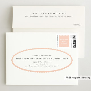 This is a peach petite birth announcements with standard by Emily Betts called scallop oval printing on recycled smooth signature in petite