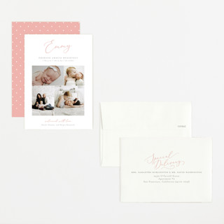 This is a blush petite birth announcements with standard by Sarah Brown called namely printing on recycled smooth signature in petite