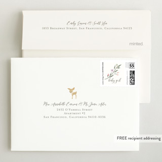 This is a ivory petite birth announcements with standard by Susan Moyal called little deer printing on signature in petite