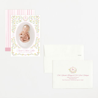 This is a cotton candy petite birth announcements with standard by Creo Study called cottagecore printing on signature in petite
