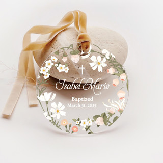 This is a multicolor nursery decor by Iveta Abolina called personalized acrylic floral strawberry baby baptism first holy communion christening or dedication keepsake, set of 1 in standard