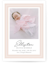 This is a pink birth announcement postcard by Jessica Williams called Serene with standard printing on signature in postcard.