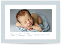 This is a blue birth announcement postcard by Lea Delaveris called Corduroy with standard printing on signature in postcard.
