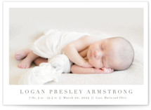 This is a brown birth announcement postcard by Megan Davis called Menil with standard printing on signature in postcard.