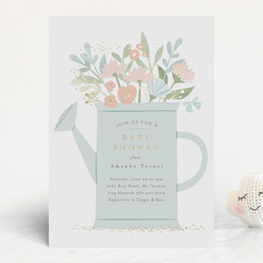 watering can bouquet FoilPressed Baby Shower Invitations by Karidy