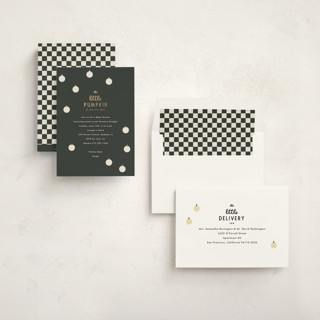 This is a noir foil stamped baby shower invitations with foil pressed by Baumbirdy called a little pumpkin printing on signature in standard