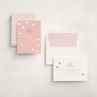 This is a bubblegum foil stamped baby shower invitations with foil pressed by Baumbirdy called a little pumpkin printing on signature in standard