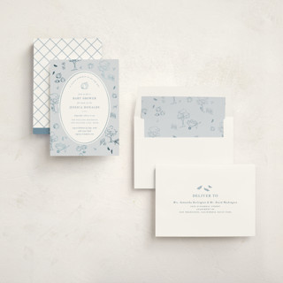 This is a sky foil stamped baby shower invitations with foil pressed by Rebecca Durflinger called autumn toile printing on signature in standard