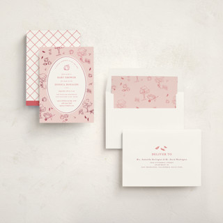 This is a bubblegum foil stamped baby shower invitations with foil pressed by Rebecca Durflinger called autumn toile printing on signature in standard