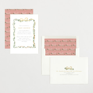 This is a butter foil stamped baby shower invitations with foil pressed by Itsy Belle Studio called ribbonly frame printing on signature in standard