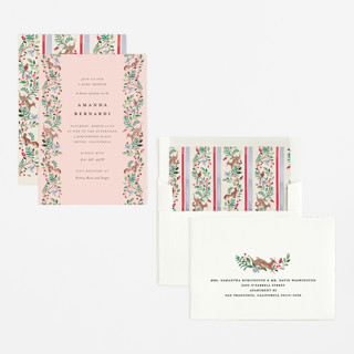 This is a blush foil stamped baby shower invitations with foil pressed by Sarah Knight called highlands printing on signature in standard