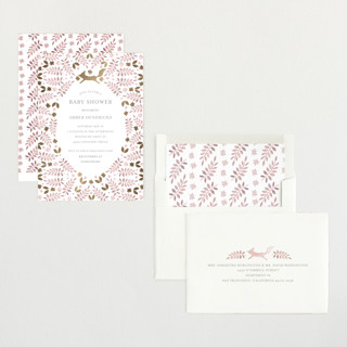 This is a blush foil stamped baby shower invitations with foil pressed by Hallie Fischer called foxy baby shower printing on signature in standard