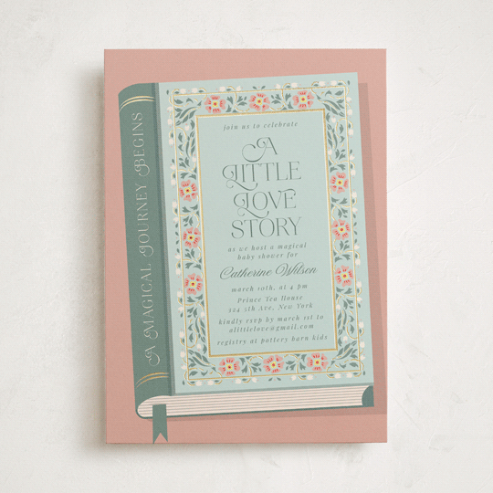 "Little Love Story" - Foil-pressed Baby Shower Invitations in Sage by Ana de Sousa.