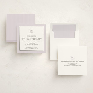 This is a lilac foil stamped baby shower invitations with foil pressed by Lucrecia Caporale called sweet stripes printing on signature in standard