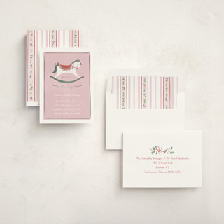 This is a candied foil stamped baby shower invitations with foil pressed by Rebecca Durflinger called festive rocking horse printing on signature in standard