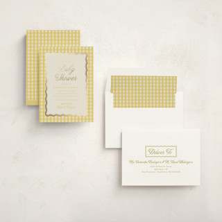 This is a lemonade foil stamped baby shower invitations with foil pressed by Brianne Larsen called scalloped gingham printing on signature in standard