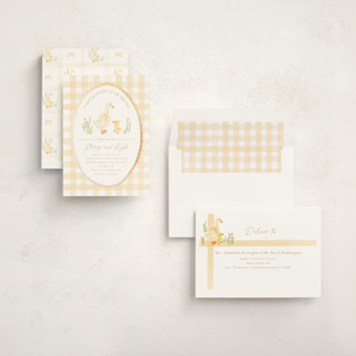 This is a buttercup foil stamped baby shower invitations with foil pressed by Creo Study called vintage goose printing on signature in standard