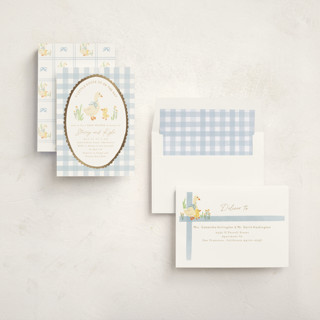 This is a sky foil stamped baby shower invitations with foil pressed by Creo Study called vintage goose printing on signature in standard