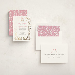 This is a peony foil stamped baby shower invitations with foil pressed by Sarah Knight called graceful printing on signature in standard