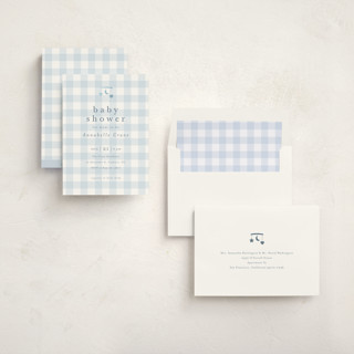 This is a baby blue foil stamped baby shower invitations with foil pressed by Stacey Meacham called gingham mobile printing on signature in standard