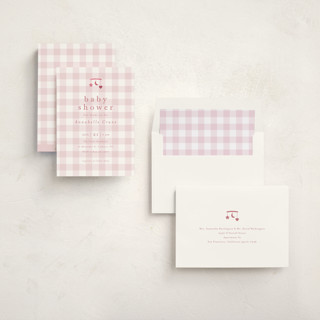 This is a petal foil stamped baby shower invitations with foil pressed by Stacey Meacham called gingham mobile printing on signature in standard