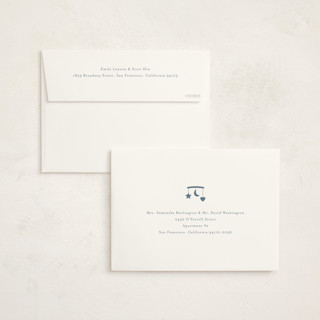 This is a baby blue foil stamped baby shower invitations with foil pressed by Stacey Meacham called gingham mobile printing on signature in standard