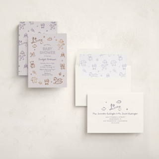 This is a lavender foil stamped baby shower invitations with foil pressed by Cass Loh called bundle of joy sketches printing on signature in standard