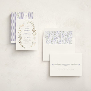 This is a lilac foil stamped baby shower invitations with foil pressed by Erin L. Wilson called lottie printing on signature in standard