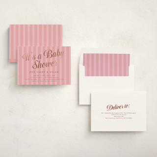 This is a strawberry milkshake foil stamped baby shower invitations with foil pressed by Morgan Kendall called soda shoppe printing on signature in standard