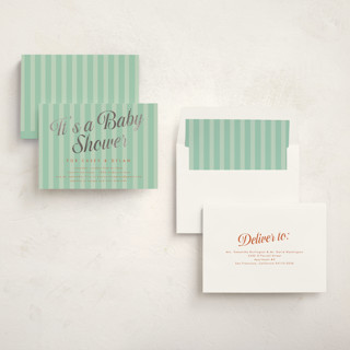 This is a peppermint patty foil stamped baby shower invitations with foil pressed by Morgan Kendall called soda shoppe printing on signature in standard