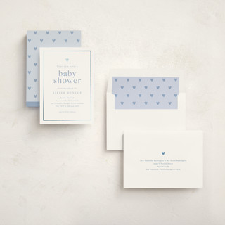 This is a provincial blue foil stamped baby shower invitations with foil pressed by Stacey Meacham called heartbeat printing on signature in standard