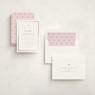 This is a ballet slipper foil stamped baby shower invitations with foil pressed by Stacey Meacham called heartbeat printing on signature in standard