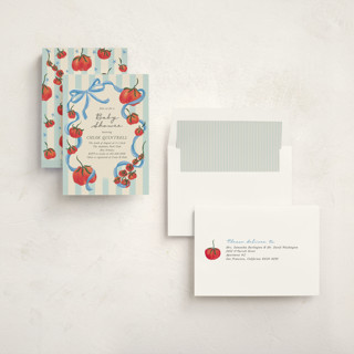 This is a sky foil stamped baby shower invitations with foil pressed by Jackie Crawford called petit pomodoro printing on signature in standard