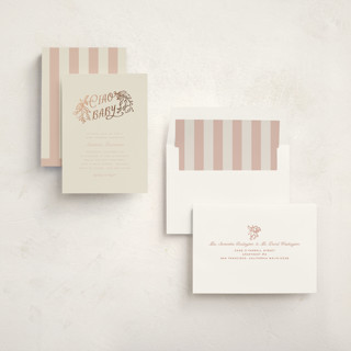 This is a blush foil stamped baby shower invitations with foil pressed by Pati Cascino called ciao baby printing on signature in standard