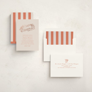 This is a coral foil stamped baby shower invitations with foil pressed by Pati Cascino called ciao baby printing on signature in standard