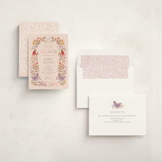 This is a rose milk foil stamped baby shower invitations with foil pressed by Vera Lim called whimsical frame printing on signature in standard
