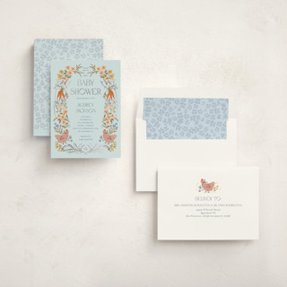 This is a mint cream foil stamped baby shower invitations with foil pressed by Vera Lim called whimsical frame printing on signature in standard