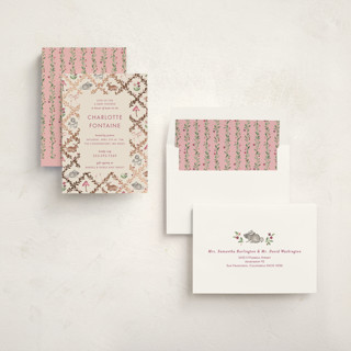 This is a mulberry foil stamped baby shower invitations with foil pressed by Sarah Knight called trellis printing on signature in standard