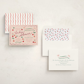 This is a cherry pie foil stamped baby shower invitations with foil pressed by Erin German called cherry sweet printing on signature in standard