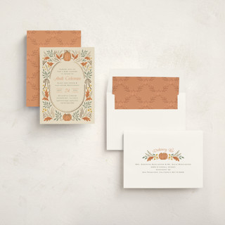 This is a tearose foil stamped baby shower invitations with foil pressed by Laura Hankins called pumpkins + bows printing on signature in standard