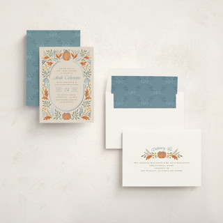 This is a cornflower foil stamped baby shower invitations with foil pressed by Laura Hankins called pumpkins + bows printing on signature in standard